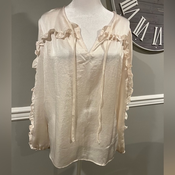 LOFT Satin cream long sleeve with ruffles - Size Medium slightly used worn 1x - Picture 1 of 12